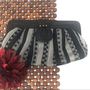 Black leather Polk-A-Dot Stripped Fabric Clutch
